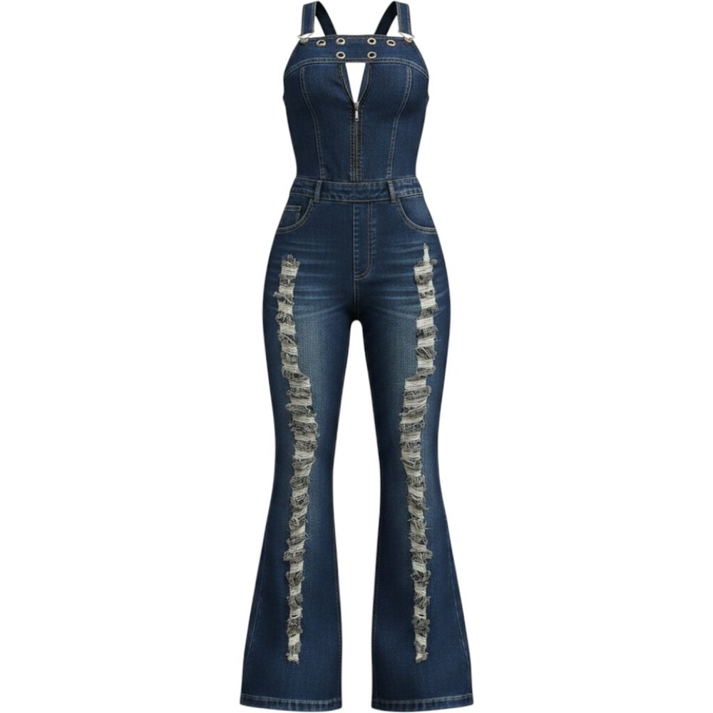 Loragal Women Distressed Denim Jumpsuit Dark Wash Flare Leg Cutout XL